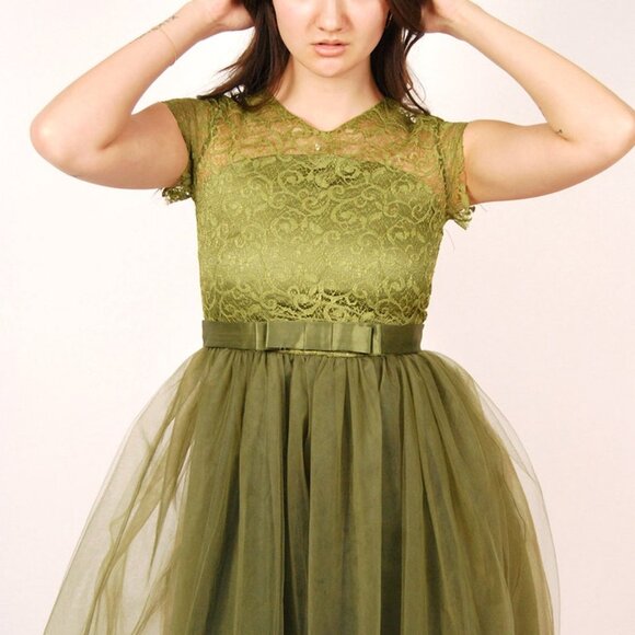 Vintage Fairy Dress (S) moss green y2k ball gown small xs chiffon fairycore prom - Picture 6 of 7